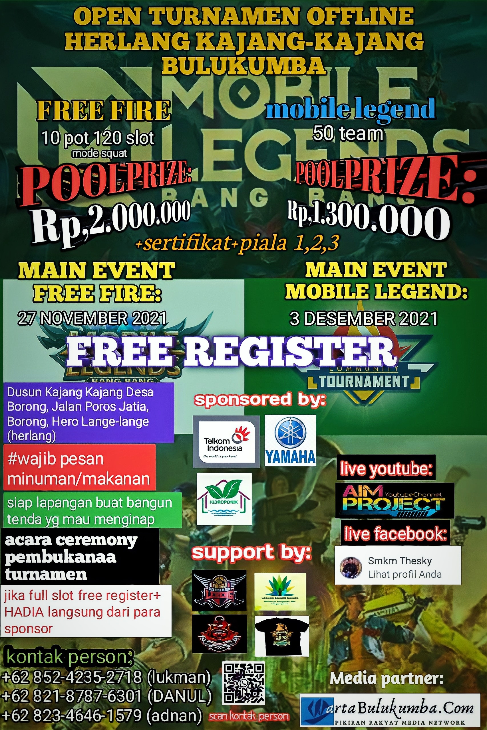 Yuk segera register gratis di turnamen akbar Free Fire dan Mobile Legends di Bulukumba Sulawesi Sela